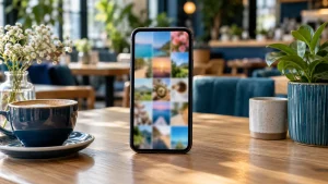 Smartfon w pionie z rozmytymi kolorowymi kafelkami zdjęć na tle kawiarni