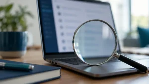 Lupa nad rozmytą listą na ekranie laptopa