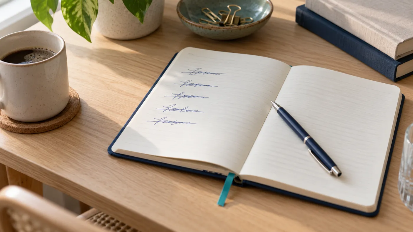 Notes z listą przekreśloną długopisem