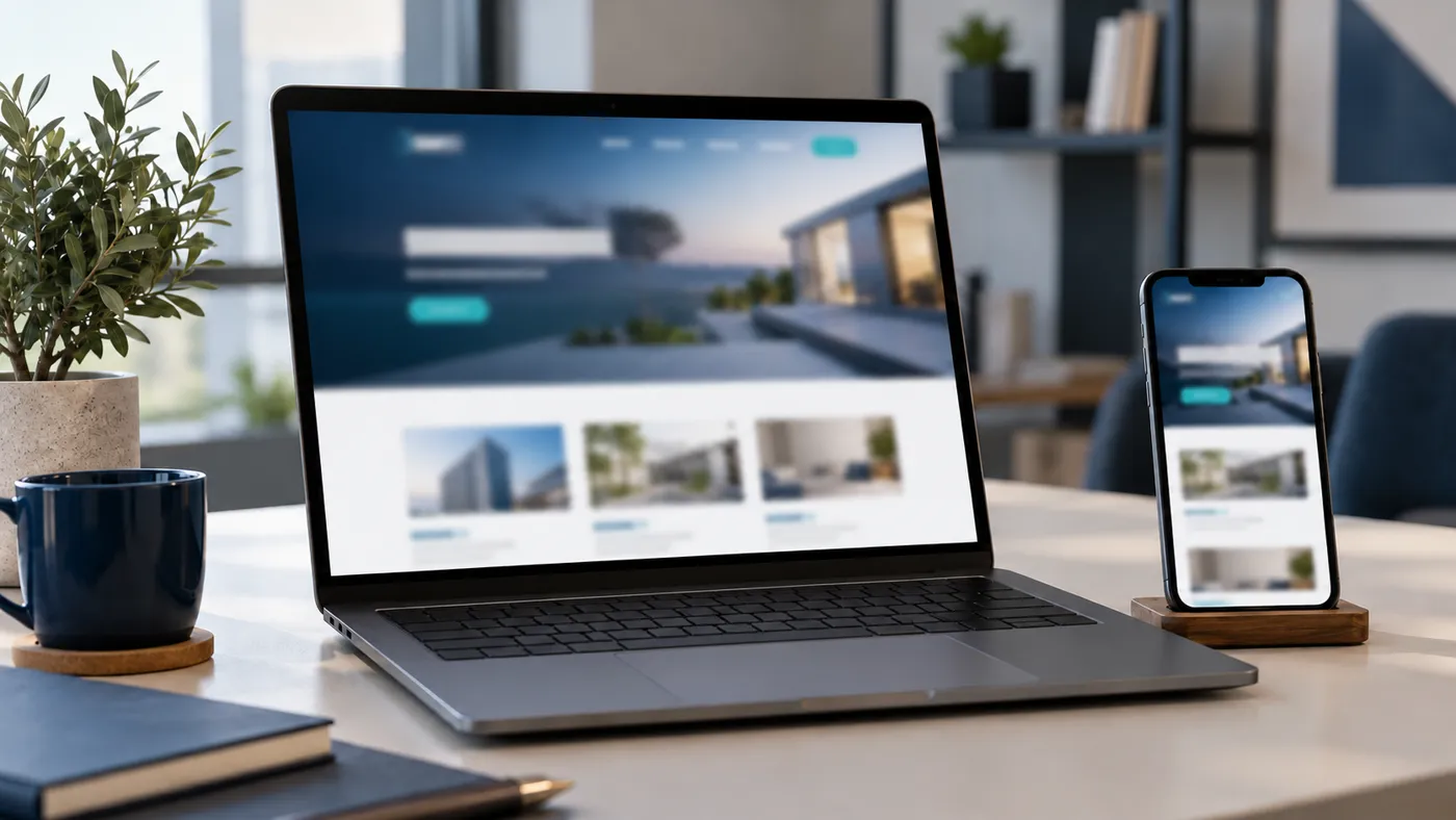 Laptop i smartfon na biurku z tą samą stroną firmową w wersji na komputer i na telefon