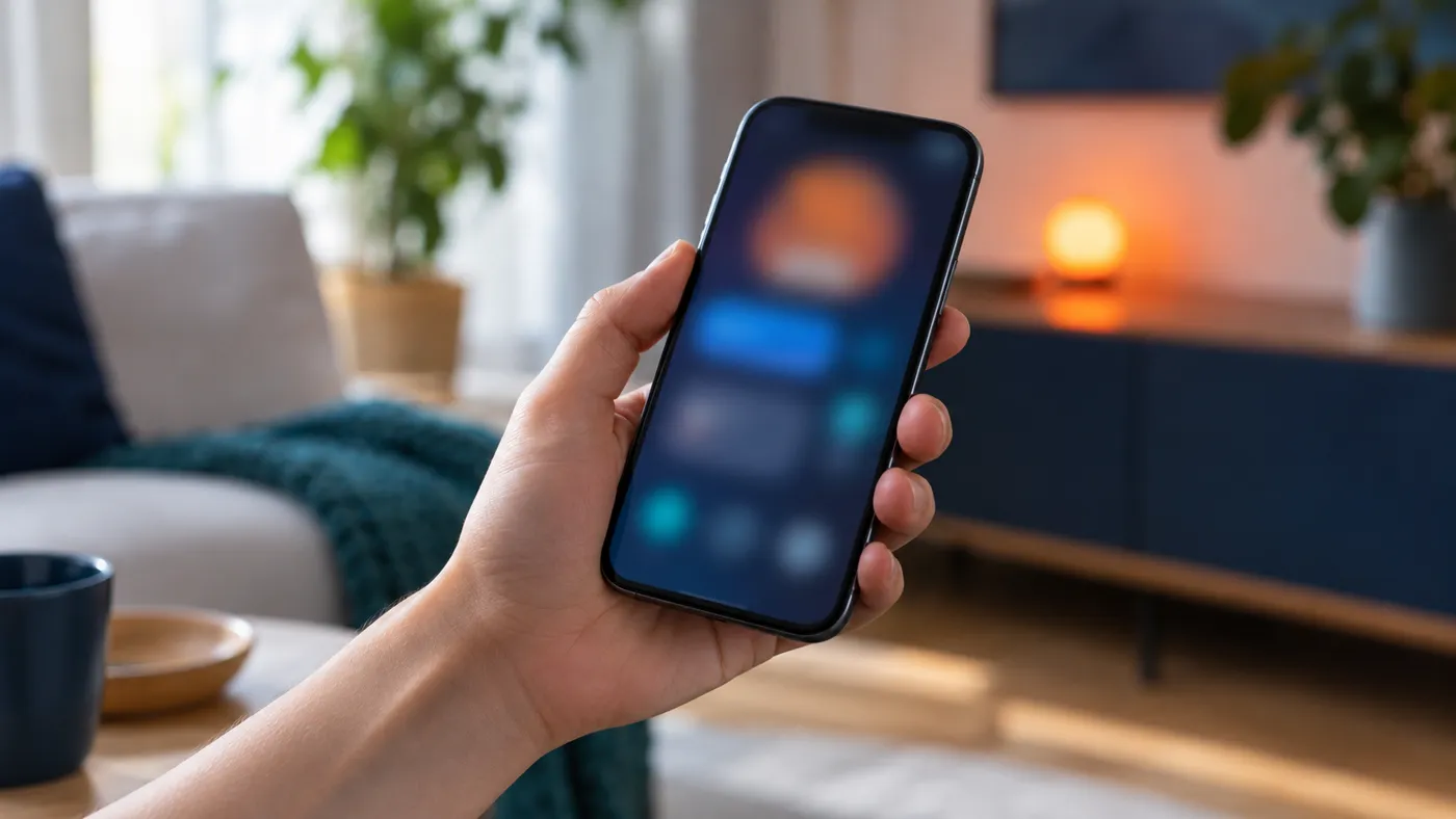 Dłoń trzymająca telefon z ostrzegawczym pomarańczowym światłem w tle