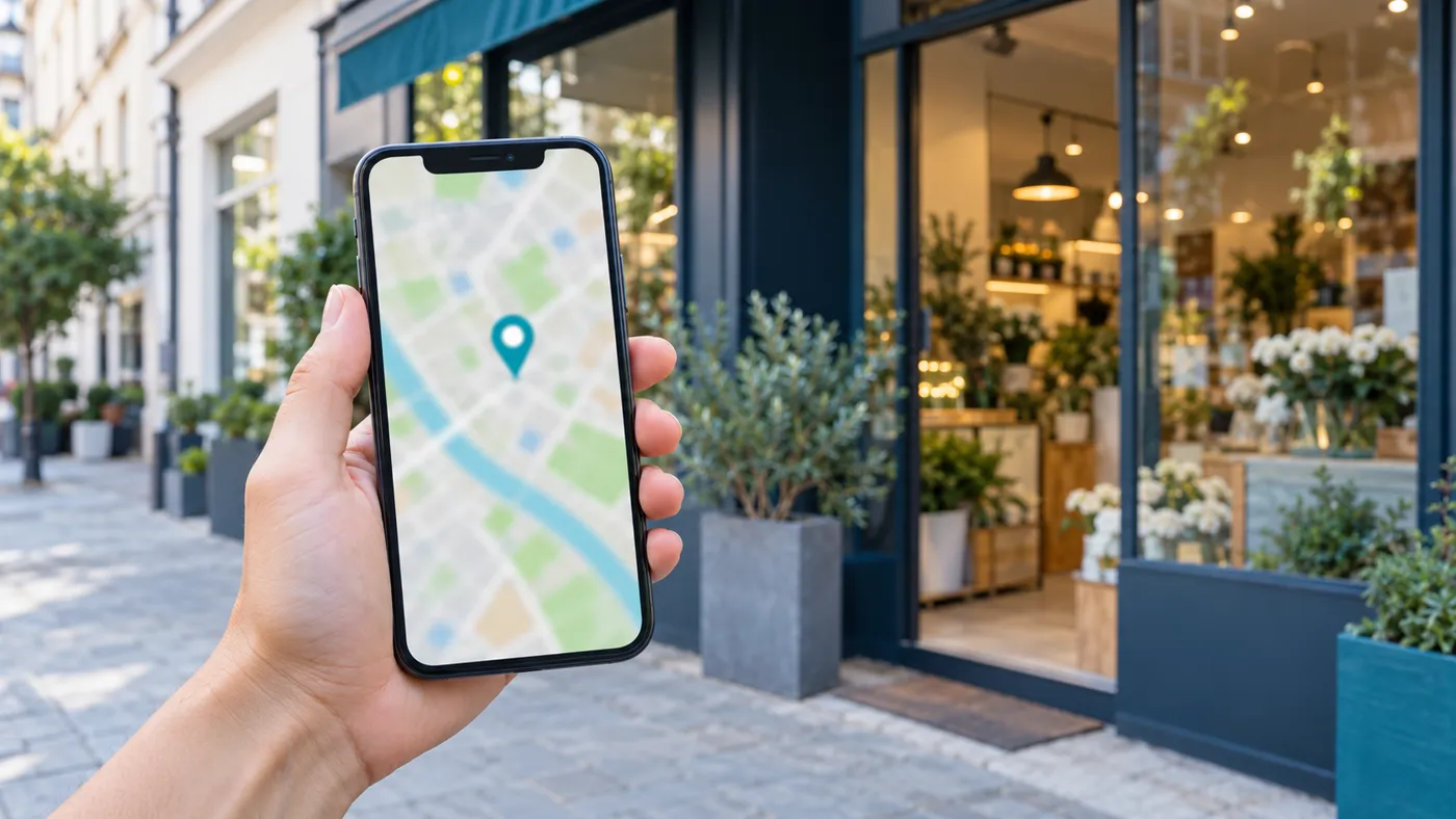 Smartfon z rozmytą mapą i pinezką w dłoni na tle witryny lokalu