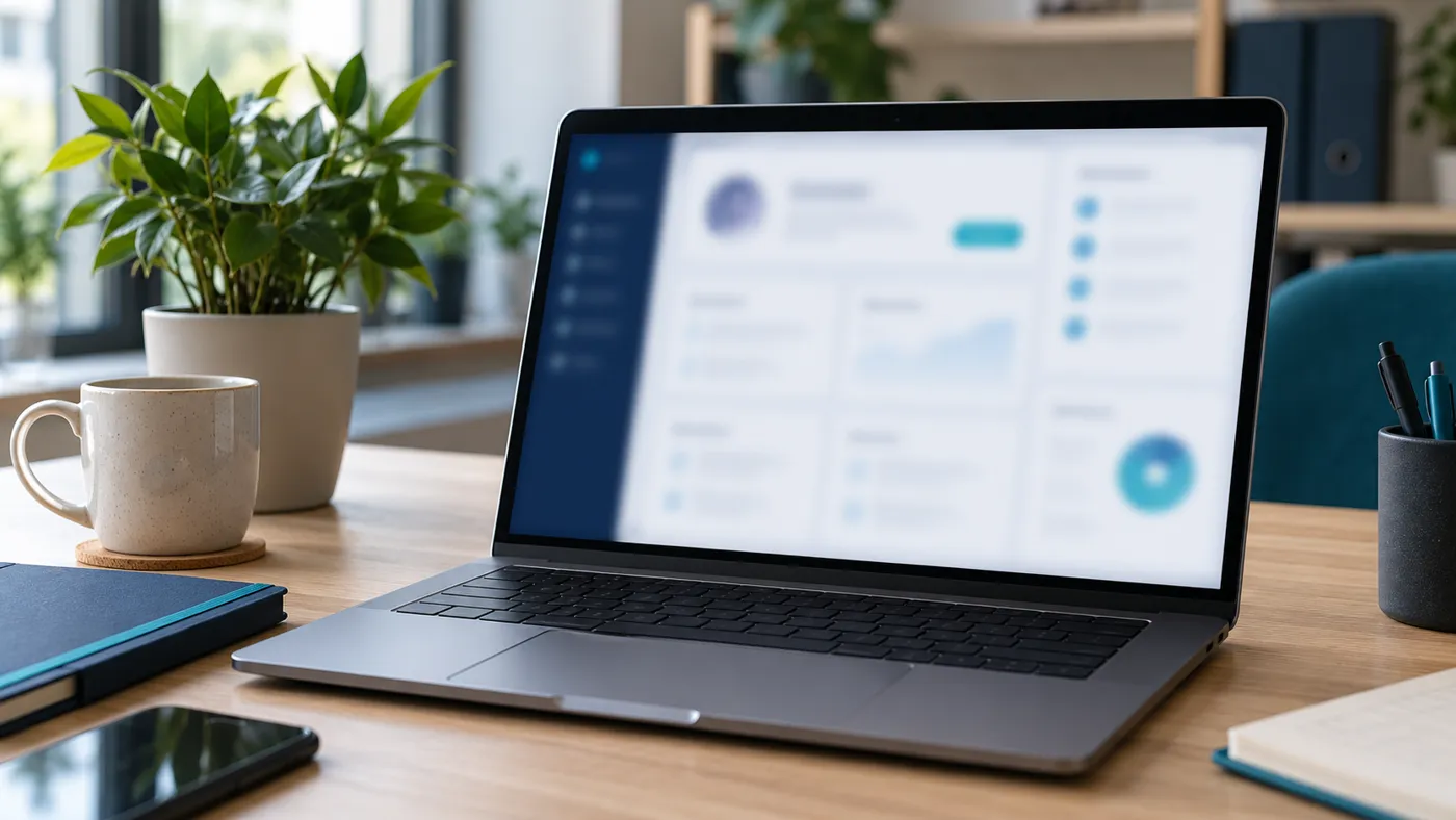 Laptop z rozmytym panelem profilu firmy