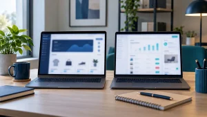 Dwa laptopy z różnymi rozmytymi panelami sklepu